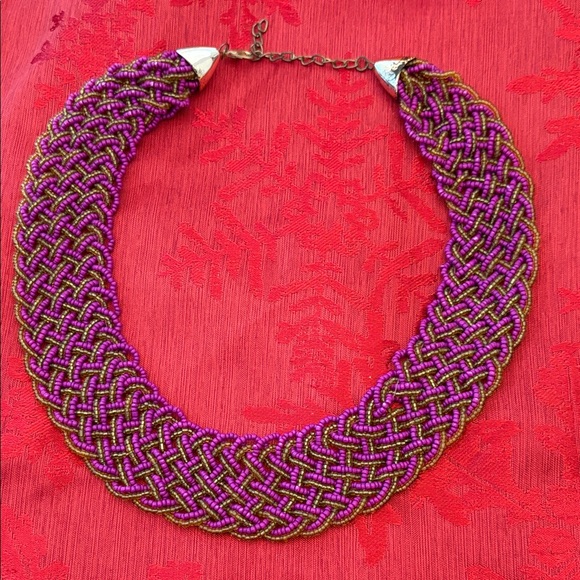 Jewelry - Bib Choker PreOwned. Braided Purple Bronze Resin Beads 9”+1” ext Adorable